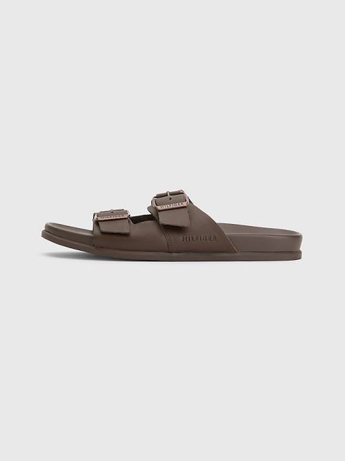 Brown Tommy Hilfiger Elevated Double Buckle Leather Men's Sandals | TH129HCF