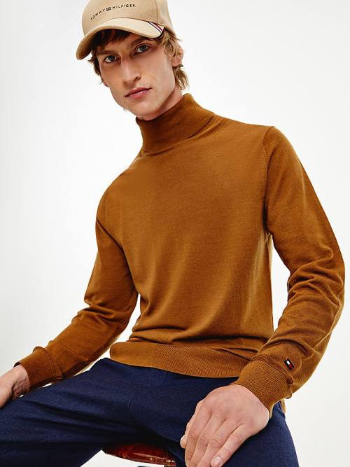 Brown Tommy Hilfiger Elevated Wool Silk Roll Neck Jumper Men\'s Sweaters | TH248LBM