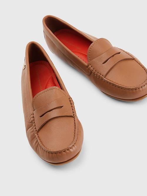 Brown Tommy Hilfiger Essential Leather Moccasins Women's Loafers | TH034IRN