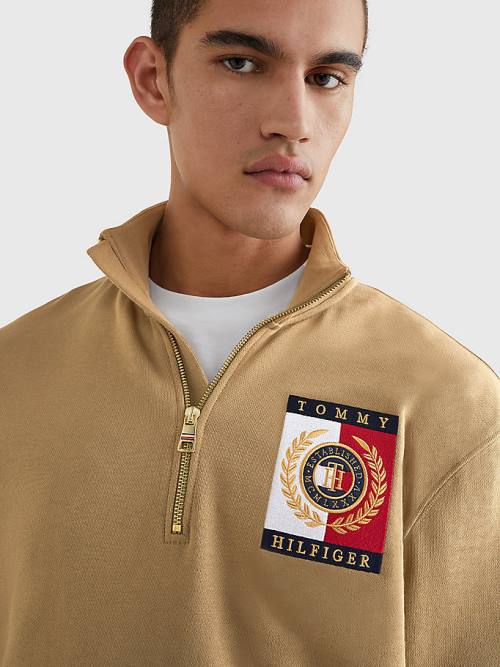 Brown Tommy Hilfiger Icons Logo Half-Zip Men's Hoodie | TH425RCO