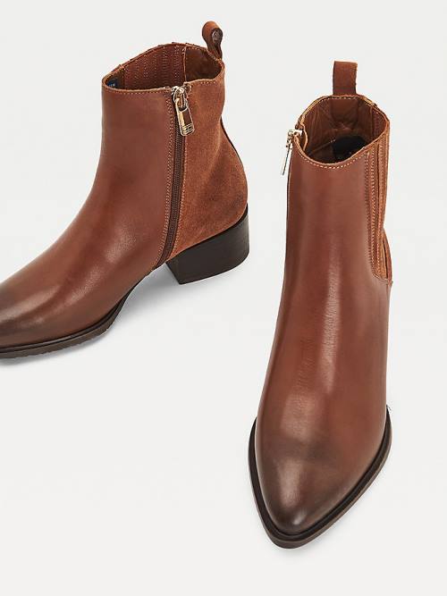 Brown Tommy Hilfiger Leather And Suede Zip-Up Ankle Women's Boots | TH013BXP