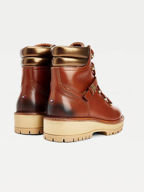 Brown Tommy Hilfiger Monogram Buckle Cleat Ankle Women's Boots | TH410CGO