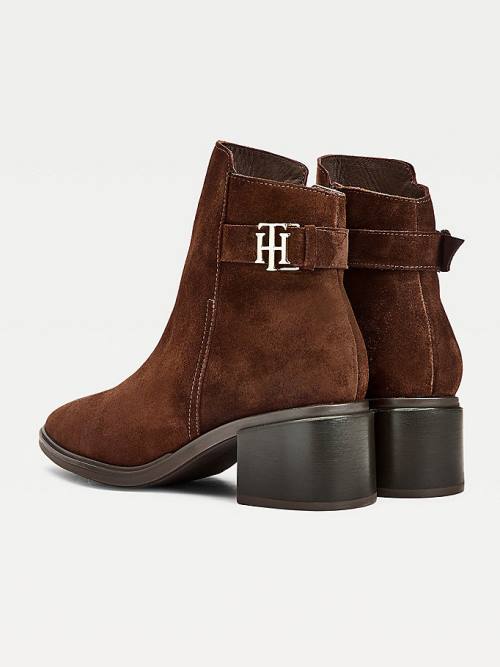 Brown Tommy Hilfiger Monogram Buckle Mid Heel Ankle Women's Boots | TH280LAP