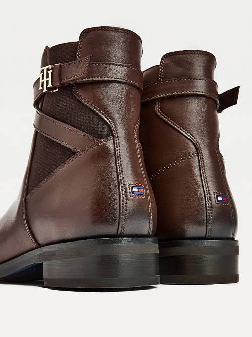 Brown Tommy Hilfiger Monogram Crossover Strap Leather Ankle Women's Boots | TH741KOF