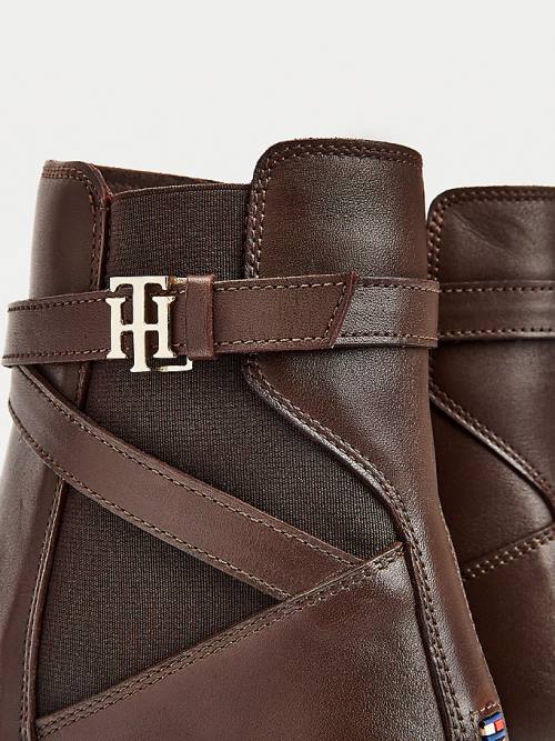 Brown Tommy Hilfiger Monogram Crossover Strap Leather Ankle Women's Boots | TH741KOF