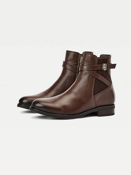 Brown Tommy Hilfiger Monogram Crossover Strap Leather Ankle Women's Boots | TH741KOF