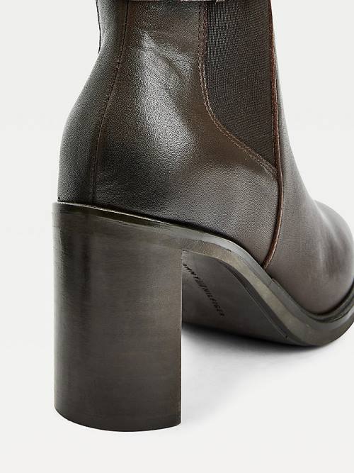 Brown Tommy Hilfiger Monogram High Heel Leather Ankle Women's Boots | TH596VOP