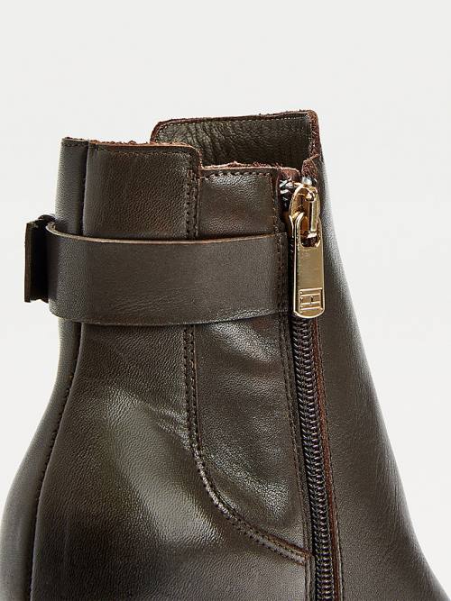 Brown Tommy Hilfiger Monogram High Heel Leather Ankle Women's Boots | TH596VOP