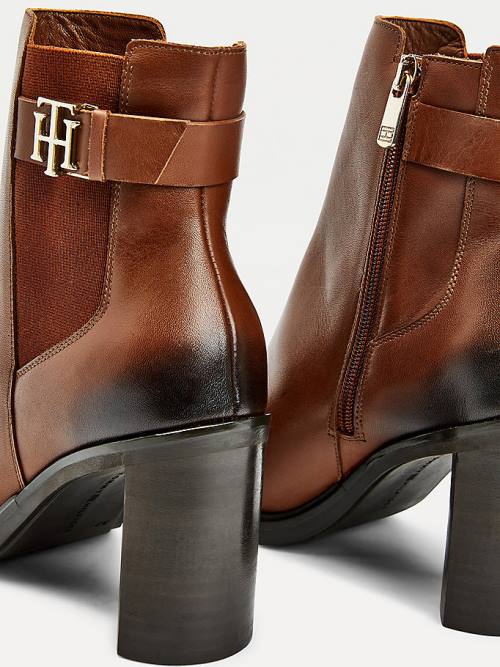 Brown Tommy Hilfiger Monogram High Heel Leather Ankle Women's Boots | TH951EOD