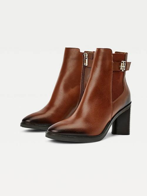 Brown Tommy Hilfiger Monogram High Heel Leather Ankle Women's Boots | TH951EOD