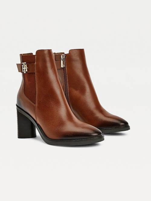 Brown Tommy Hilfiger Monogram High Heel Leather Ankle Women\'s Boots | TH951EOD