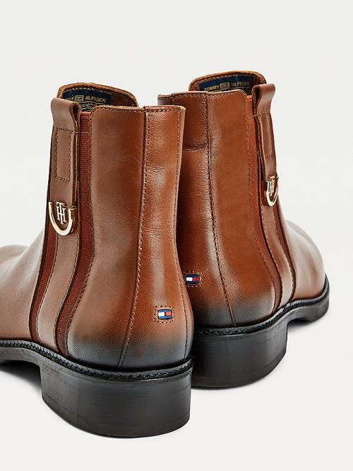 Brown Tommy Hilfiger Monogram Plaque Flat Leather Ankle Women's Boots | TH013DQV