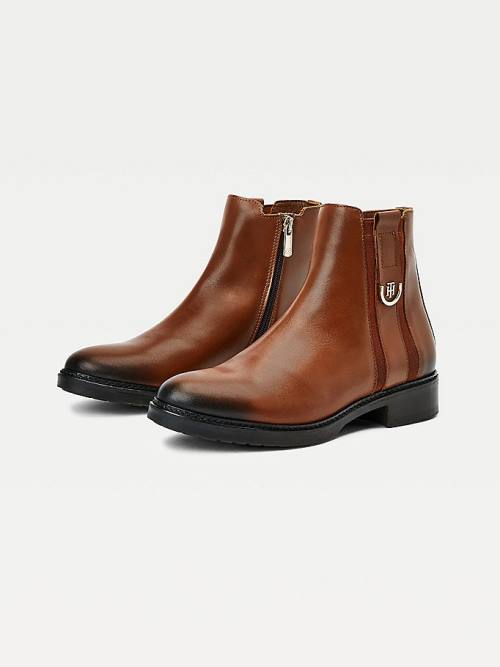 Brown Tommy Hilfiger Monogram Plaque Flat Leather Ankle Women's Boots | TH013DQV