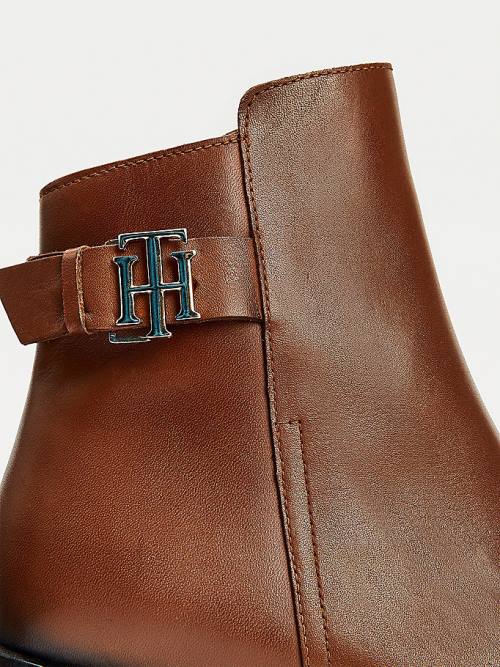 Brown Tommy Hilfiger Monogram Plaque Leather Ankle Women's Boots | TH093WZB