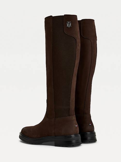 Brown Tommy Hilfiger Monogram Plaque Long Leather Women's Boots | TH480ZIK