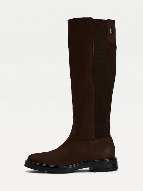 Brown Tommy Hilfiger Monogram Plaque Long Leather Women's Boots | TH480ZIK