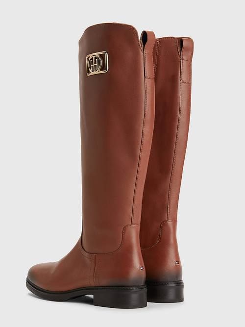 Brown Tommy Hilfiger Monogram Plaque Long Leather Women's Boots | TH832BZO