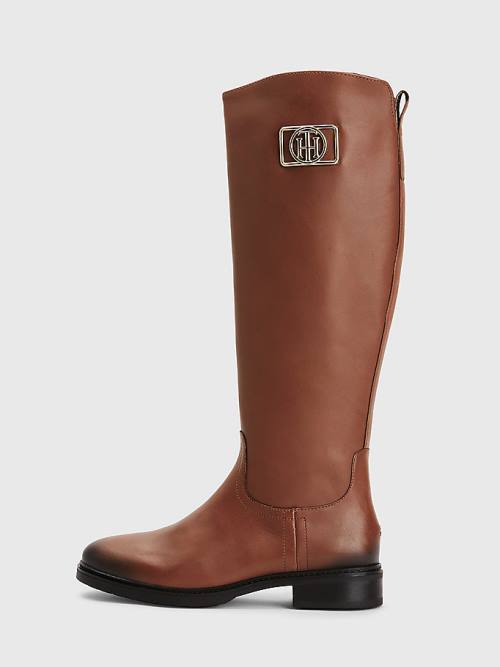 Brown Tommy Hilfiger Monogram Plaque Long Leather Women's Boots | TH832BZO