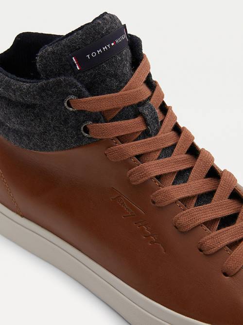 Brown Tommy Hilfiger Premium Leather Signature High-Top Men's Sneakers | TH340ZDL