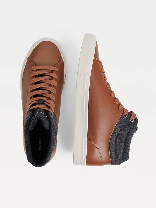 Brown Tommy Hilfiger Premium Leather Signature High-Top Men's Sneakers | TH340ZDL