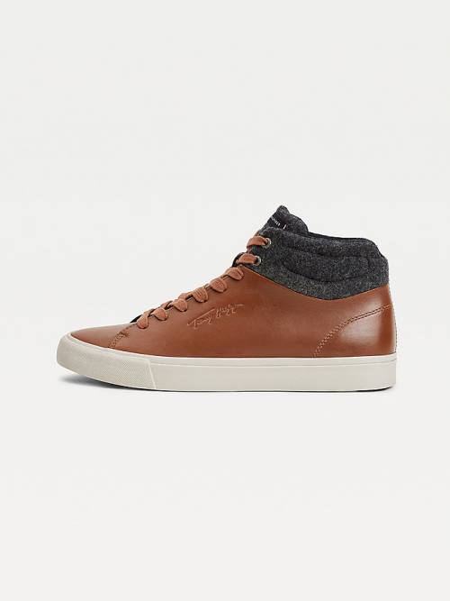 Brown Tommy Hilfiger Premium Leather Signature High-Top Men's Sneakers | TH340ZDL