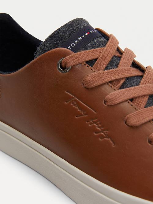 Brown Tommy Hilfiger Premium Leather Signature Vulcanised Men's Sneakers | TH370RIU