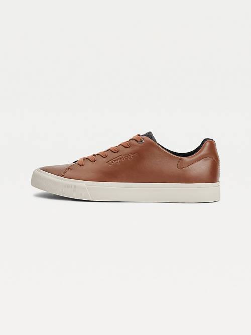 Brown Tommy Hilfiger Premium Leather Signature Vulcanised Men's Sneakers | TH370RIU