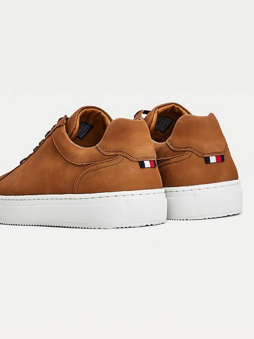 Brown Tommy Hilfiger Premium Nubuck Leather Cupsole Men's Sneakers | TH253LQN