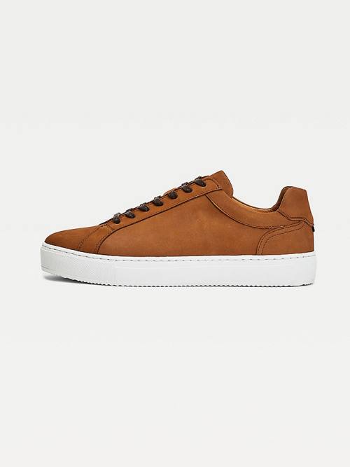 Brown Tommy Hilfiger Premium Nubuck Leather Cupsole Men's Sneakers | TH253LQN