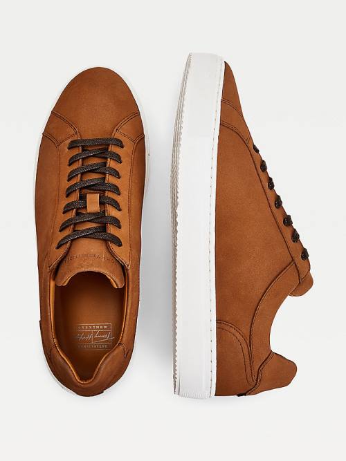 Brown Tommy Hilfiger Premium Nubuck Leather Cupsole Men's Sneakers | TH253LQN