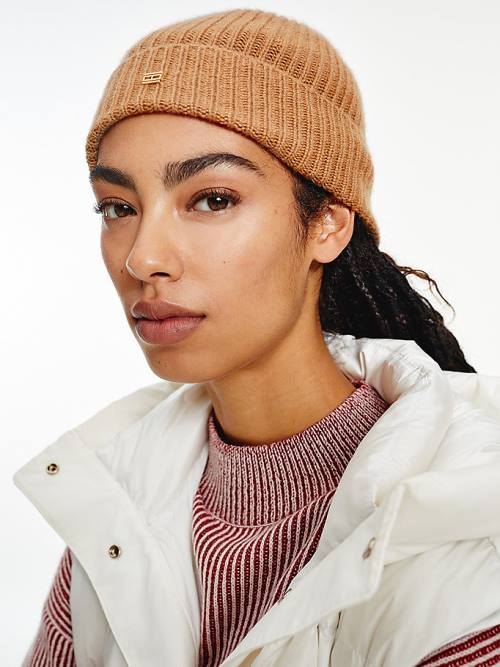 Brown Tommy Hilfiger Pure Cashmere Beanie Women's Hats | TH637RDX