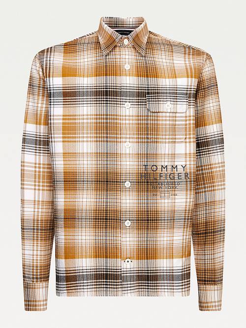 Brown Tommy Hilfiger Shadow Check Relaxed Fit Overshirt Men\'s Shirts | TH123SVO