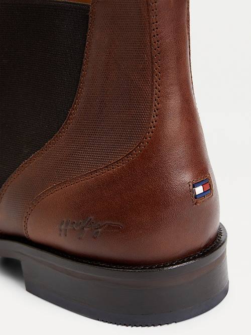 Brown Tommy Hilfiger Signature Leather Zip-Up Chelsea Men's Boots | TH831AWE