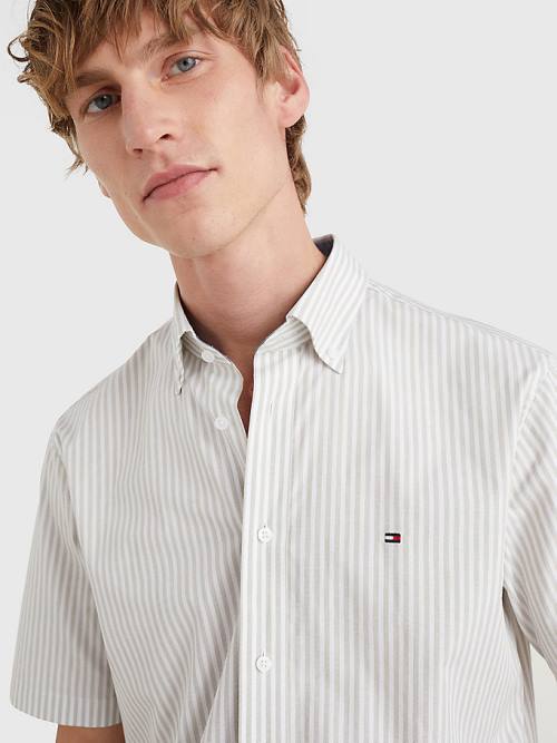 Brown Tommy Hilfiger Stripe Short Sleeve Regular Fit Men's Shirts | TH620HRC