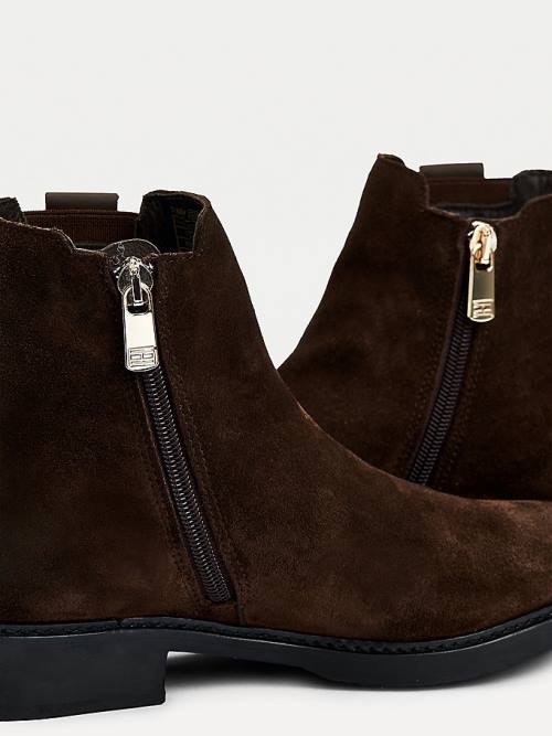 Brown Tommy Hilfiger Suede Monogram Ankle Women's Boots | TH974GDP