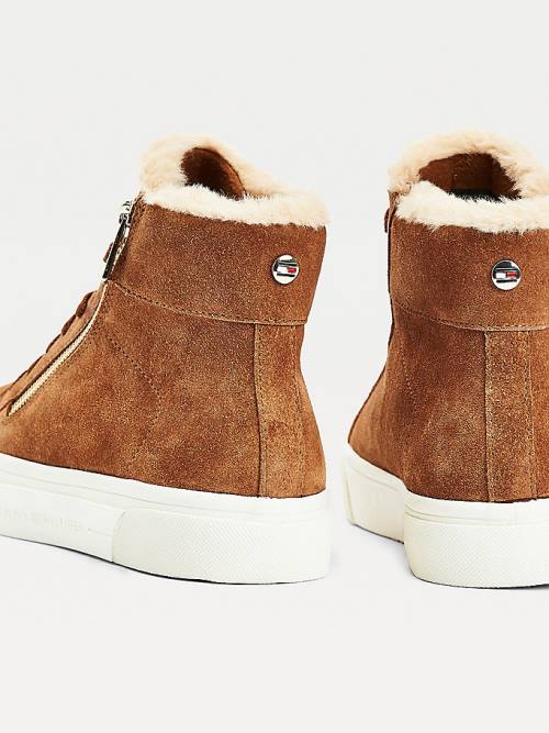 Brown Tommy Hilfiger Suede Warm Lined Vulcanised Mid-Top Women's Sneakers | TH073FZW