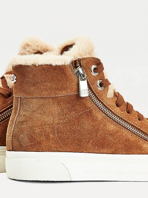 Brown Tommy Hilfiger Suede Warm Lined Vulcanised Mid-Top Women's Sneakers | TH073FZW