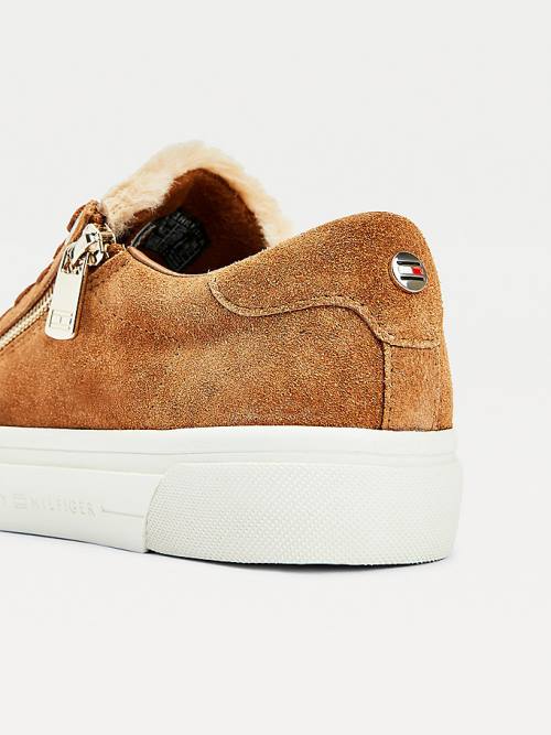 Brown Tommy Hilfiger Suede Warm Lined Vulcanised Women's Sneakers | TH294MVS