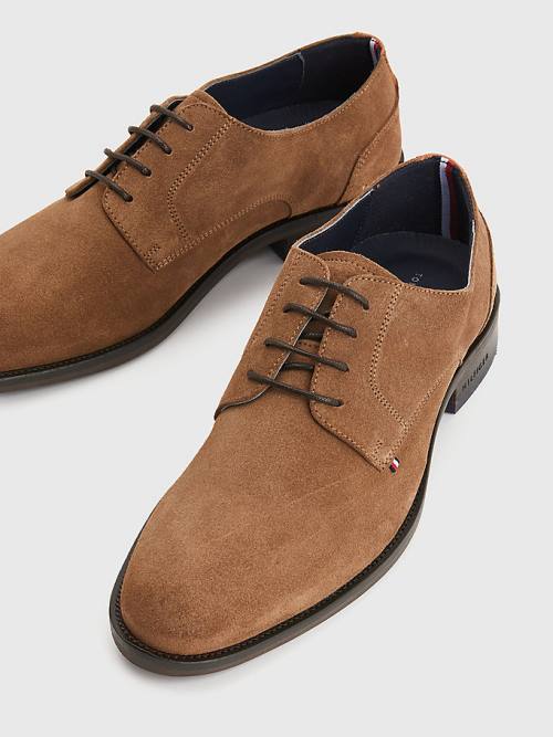 Brown Tommy Hilfiger Tonal Flag Suede Derby Men's Formal Shoes | TH594LDE