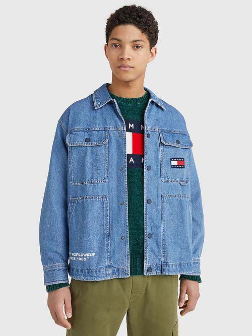 Denim Tommy Hilfiger Back Logo Denim Shacket Men's Shirts | TH769HJN