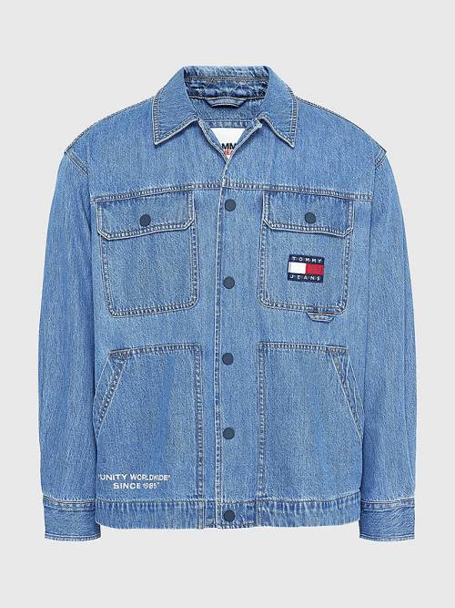 Denim Tommy Hilfiger Back Logo Denim Shacket Men\'s Shirts | TH769HJN