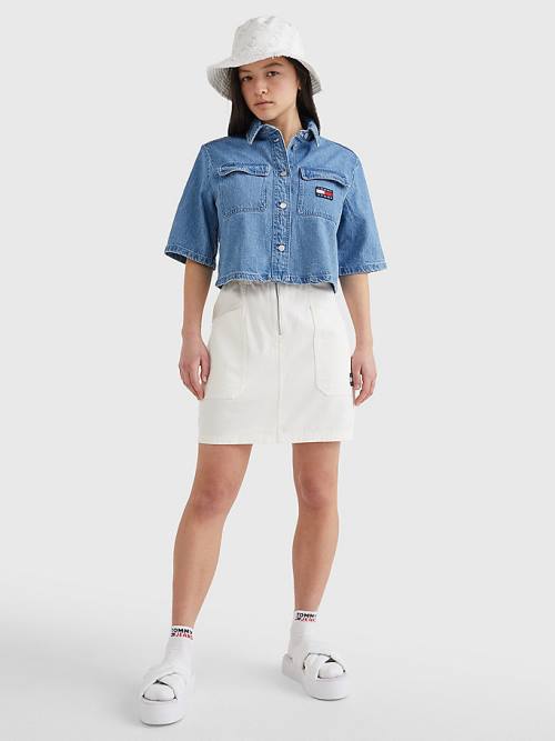 Denim Tommy Hilfiger Badge Cropped Short Sleeve Denim Women's Shirts | TH195DBW