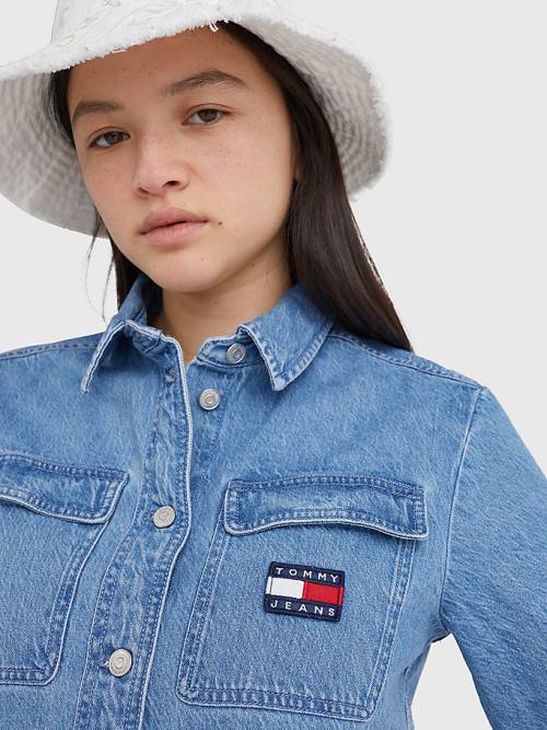 Denim Tommy Hilfiger Badge Cropped Short Sleeve Denim Women's Shirts | TH195DBW