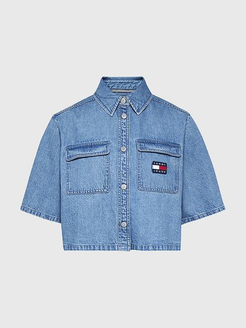 Denim Tommy Hilfiger Badge Cropped Short Sleeve Denim Women's Shirts | TH195DBW