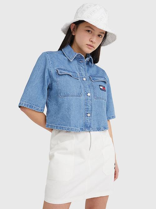 Denim Tommy Hilfiger Badge Cropped Short Sleeve Denim Women\'s Shirts | TH195DBW