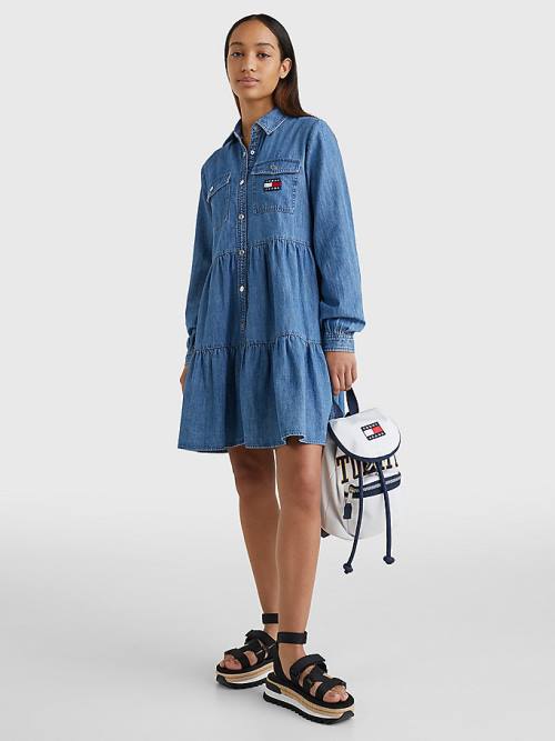 Denim Tommy Hilfiger Badge Tiered Denim Shirt Women's Dress | TH263ACM