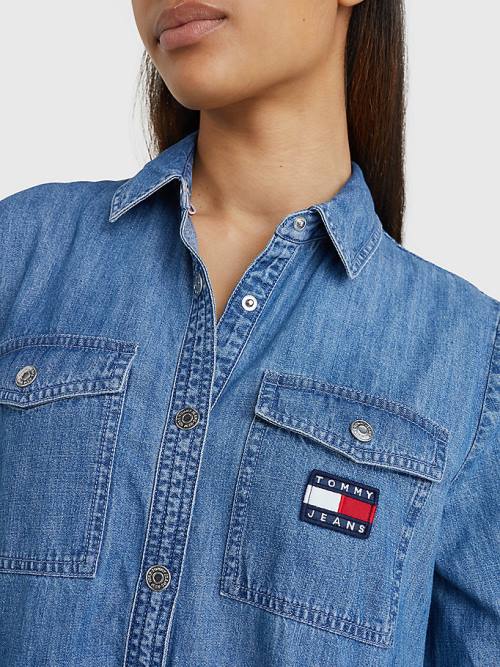 Denim Tommy Hilfiger Badge Tiered Denim Shirt Women's Dress | TH263ACM