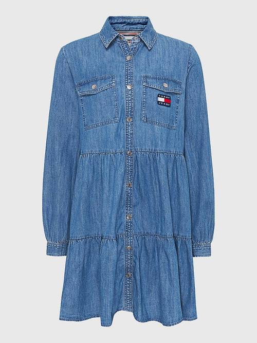 Denim Tommy Hilfiger Badge Tiered Denim Shirt Women's Dress | TH263ACM