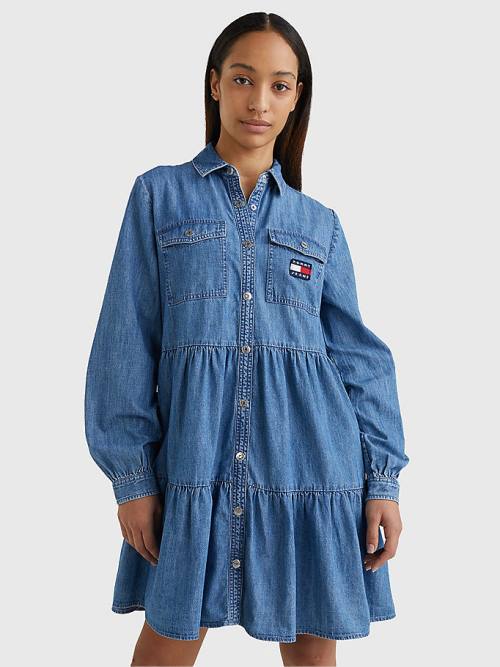 Denim Tommy Hilfiger Badge Tiered Denim Shirt Women\'s Dress | TH263ACM