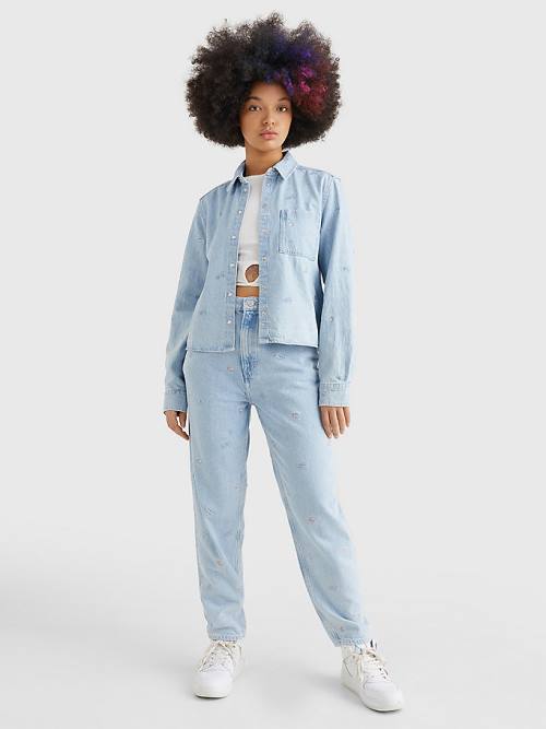 Denim Tommy Hilfiger Embroidery Cropped Denim Women's Shirts | TH342BOH